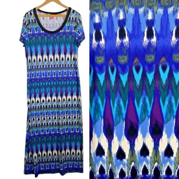 Sunny Leigh Dresses & Skirts - Sunny Leigh Maxi Long Dress Large Blue White Ikat Stretch Knit Travel Cruise